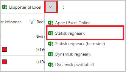 bilde: Eksporter til Excel-knapp i kommandolinjen